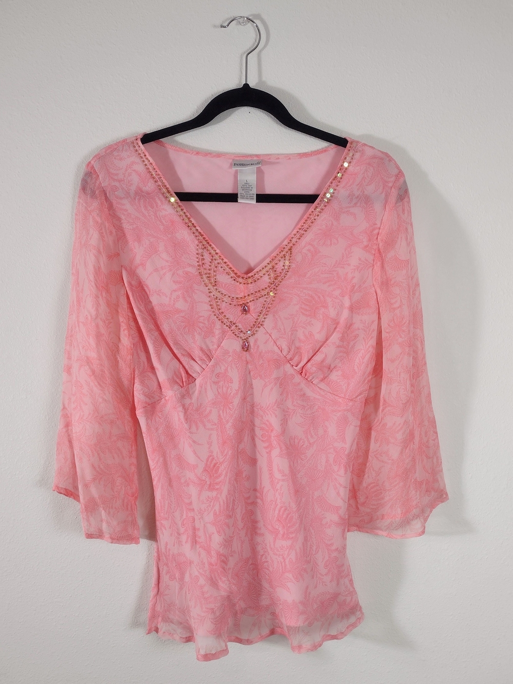 Vintage Fashion Bug Y2K Silk 3/4 Bell Sleeve Beaded V-Neck Top Boho Fairycore